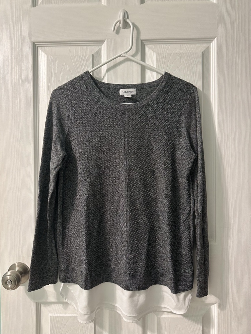 Calvin Klein Heather Gray Crewneck Sweater with White Layered Hem